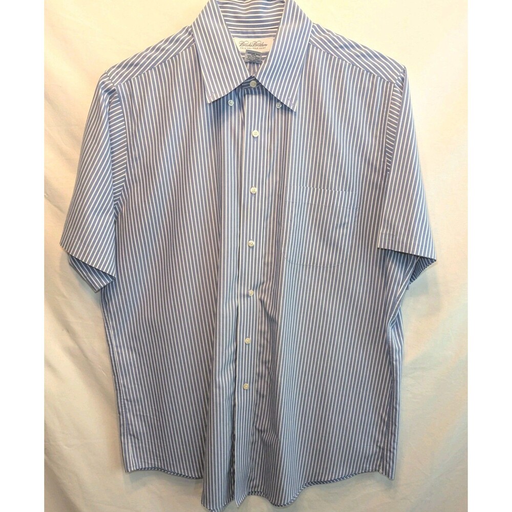 Brooks Brothers Non-Iron Button Down Shirt Mens 16 Blue Striped Short Sleeve